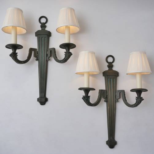 Pair verdigris bronze wall lights sconces, Maison Bagues, twin arm, Neoclassical, 1970`s ca, French